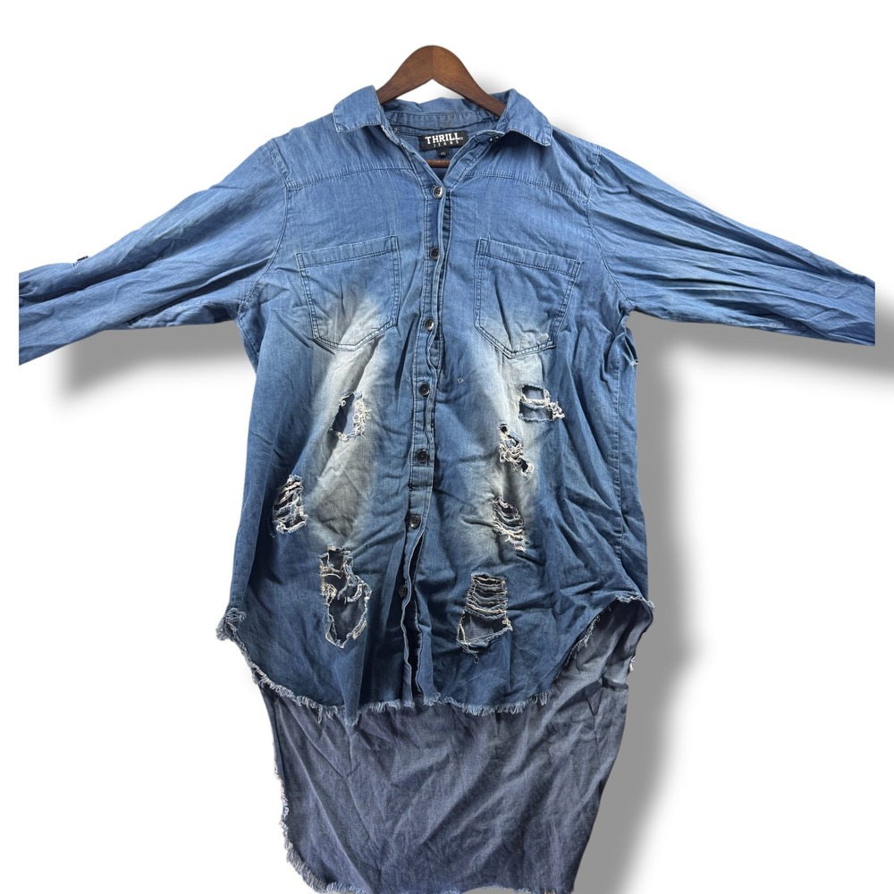 Thrill Jeans Womens XL Distressed Denim Button Down Shirt Long Sleeve Blue Wash